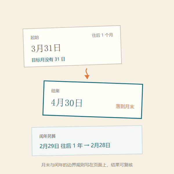 月末与闰年的推算：目标月没有 31 日就落到月末